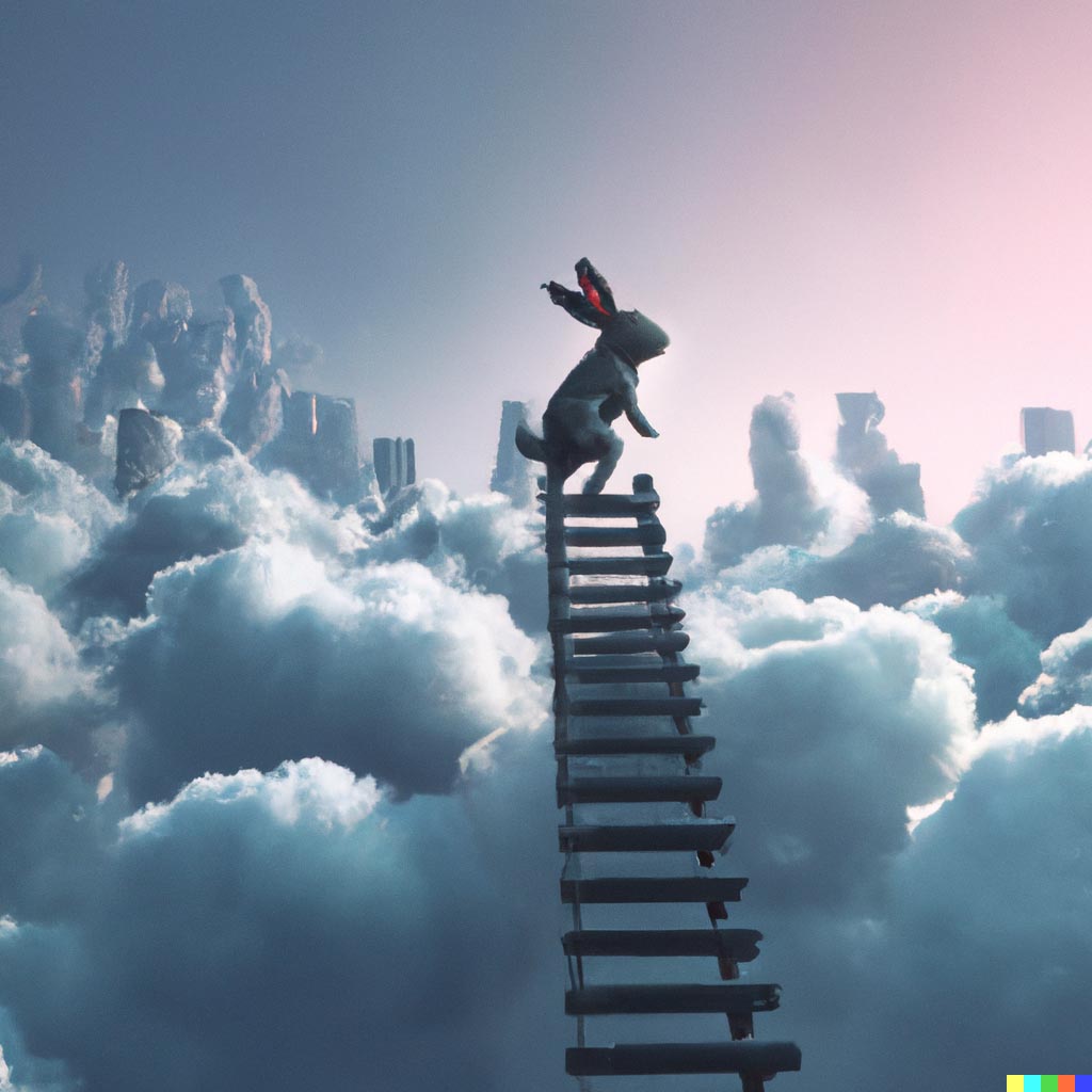 DALL·E prompt: highly detailed rabbit climbing 3 steps of stairs into the clouds, cgsociety trending artstation 4k